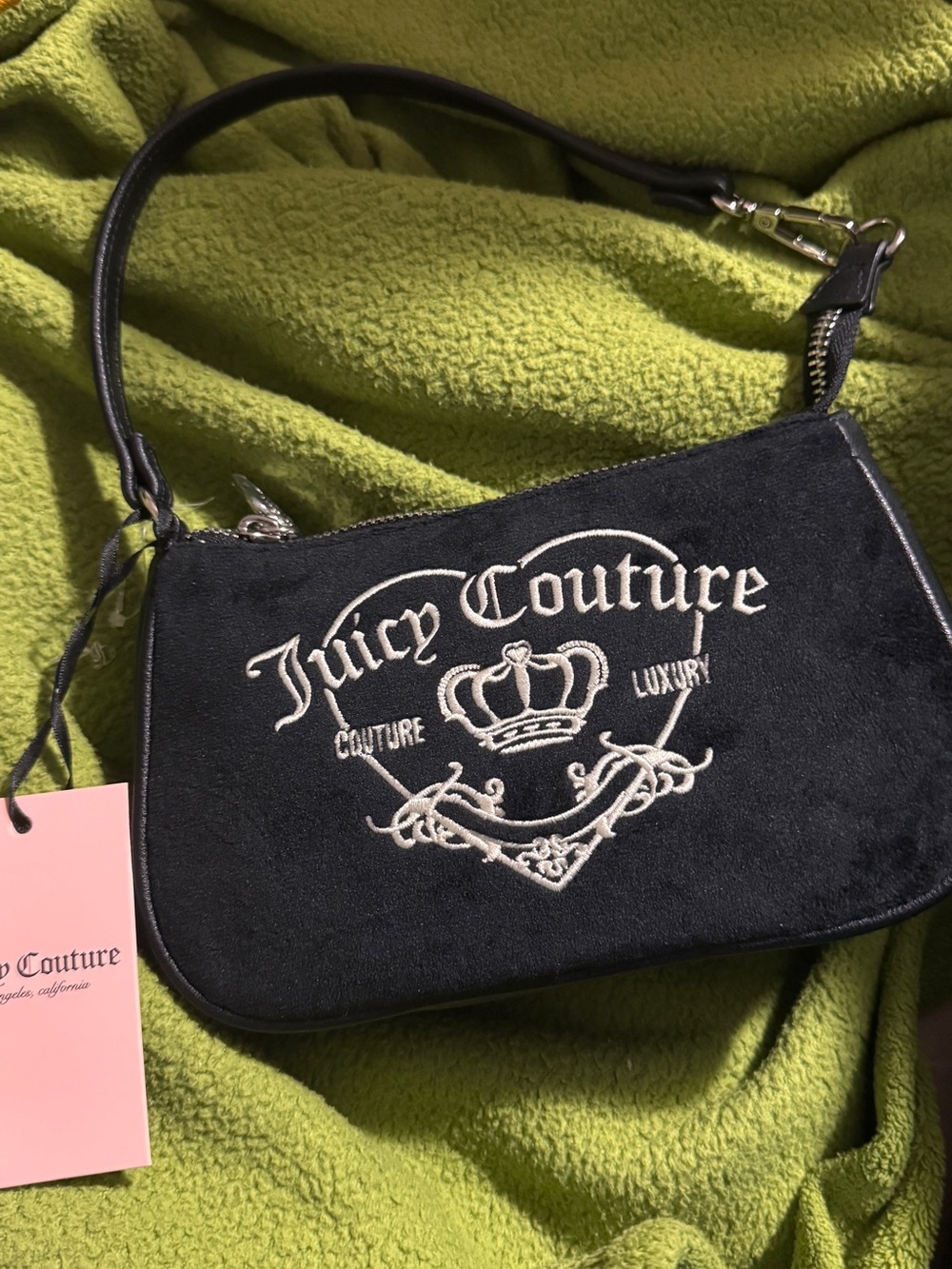 Juicy Couture Black Velvet Mini Shoulder Bag with White Embroidered Logo